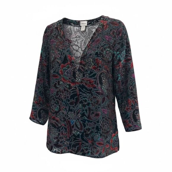 Chico’s Velvet Burnout Floral V-Neck Blouse Sheer Boho Fall Top Size 2 Large - Picture 1 of 11